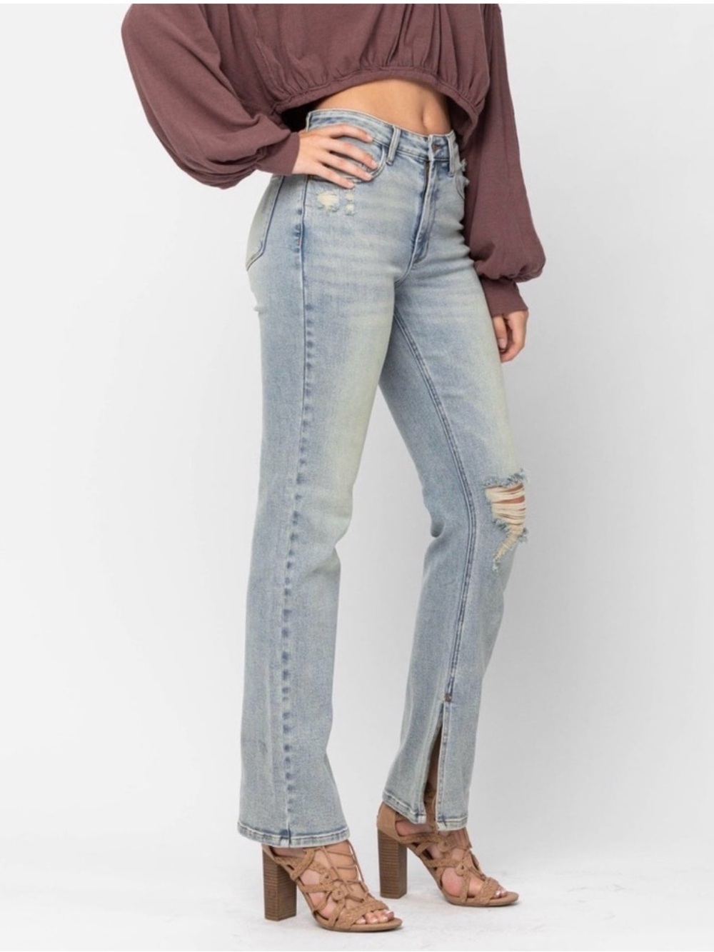 Judy Blue Light Wash High-Rise Straight Jeans with Knee Rip and Front Slit